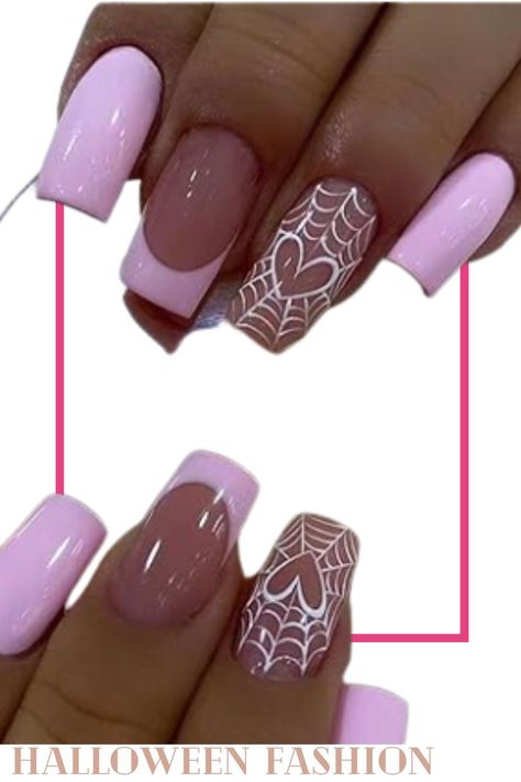 Halloween Press on Nails Medium Square Fake Nails Pink French Tip Acrylic False Nails with Heart Spider Web Designs Gloss Artificial Nails Reusable Halloween Press on Nails for Women Spider Web Nail Design, Web Nail Design, Heart Spider Web, Pink Halloween Nails, Heart Spider, French Tip Acrylics, Halloween Press On Nails, Nails For Women, Pink Halloween