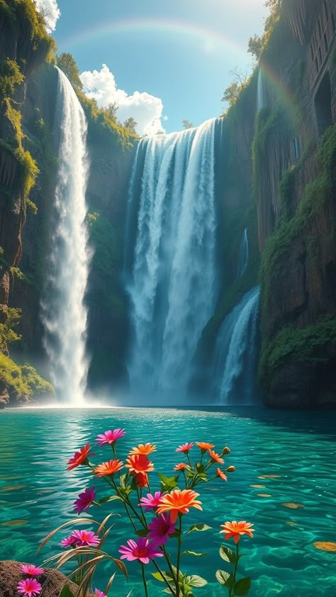 A floating waterfall cascading from the sky, with streams of water shimmering in silver and turquoise as they fall into a crystal-clear lake. Waterfall Photography Ideas, Flowing Water Wallpaper, Water Fall Pictures, Water Falls Painting, Waterfall With Flowers, Floating Waterfall, Real Waterfall, Waterfall Images, Pretty Waterfall