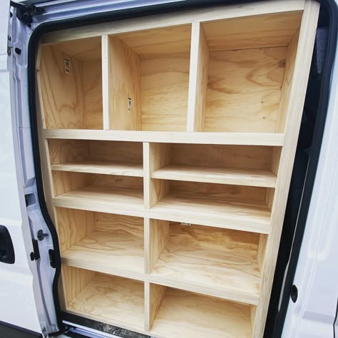 Cargo Van Organization, Work Van Organization Ideas, Van Shelf, Van Fitout, Trailer Shelving, Work Truck Storage, Van Racking Systems, Van Organization, Van Shelving