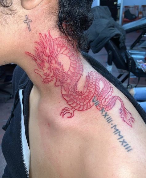 Red Snake Wrapped Around Arm Tattoo, Dragon Neck Tattoo For Women, Red Japanese Tattoo Behind Ear, Red Dragon Tattoo Neck, Red And Black Dragon Back Tattoo, Red Snake Tattoo Shoulder, Dragon Tattoo Neck, 1 Of 1 Tattoo, Neck Tattoos