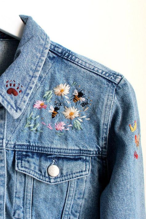 Denim Wedding Jacket, Embroidery Jean Jacket, Jean Jacket Embroidery, Embroidery Denim Jacket, Denim Jacket Embroidery, Jean Jacket Diy, Embroidery Jeans Jacket, Embroidery Jeans Diy, Jean Diy