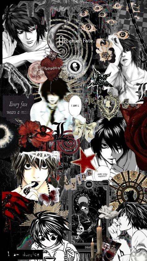 #deathnote #l #lawliet #deathnotemanga Streetwear Wallpaper, Not Wallpaper, Deat Note, Funny Cosplay, Emoji Wallpaper Iphone, L Wallpaper, Japanese Poster Design, L Lawliet, Sanrio Wallpaper