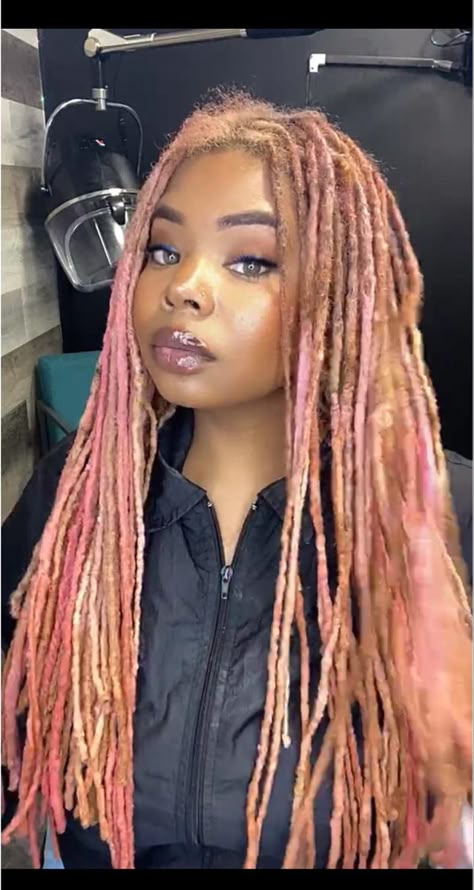 Colored Tips Locs, Rose Gold Locs Black Women, Peach Locs, Pastel Locs, Rose Gold Locs, Blonde Pink Locs, Multi Colored Locs, Pink And Blonde Faux Locs, Coloring Locs