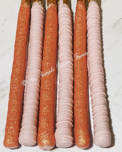 Rose Gold Pretzel Rods, Gold Pretzel Rods, Covered Pretzel Rods, Gold Food, Chocolate Covered Pretzel, Chocolate Covered Pretzel Rods, Aesthetic Rose, Preppy Party, Covered Pretzels