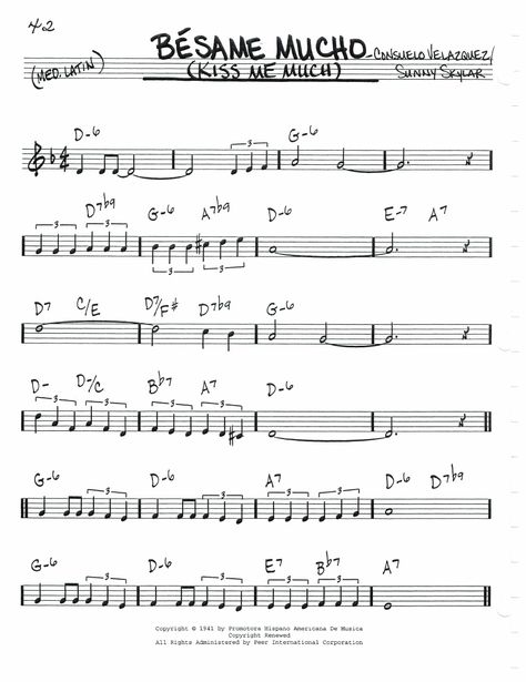 Besame Mucho - Lead Sheet Alto Sax Sheet Music, Tenor Saxophone Sheet Music, Alto Saxophone Sheet Music, Jazz Guitar Lessons, Fiddle Music, Accordion Music, Cello Sheet Music, Trumpet Sheet Music, Trumpet Music