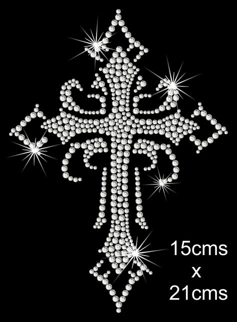 HIGH QUALITY TOP GRADE DMC HOT FIX KOREAN GLASS CRYSTAL RHINESTONE MOTIF  (All designs available on t shirts & vests also) These motif's excellent quality and are mainly used for garments or craftwork ...they will heat press apply to nearly all materials and most other items canvass cards etc.                          APPLICATION             Place garment on a solid table or work area..  simply take off white backing paper and place motif design on garment sticky side down  ...Place transfer pap Rhinestone Tshirt Designs, Primitive Clothing, Custom Jeans Diy, Rhinestone Tshirts, Rhinestone Outfit, Rhinestone Designs Pattern, School Shirt Designs, Cross Wallpaper, Rhinestone Projects