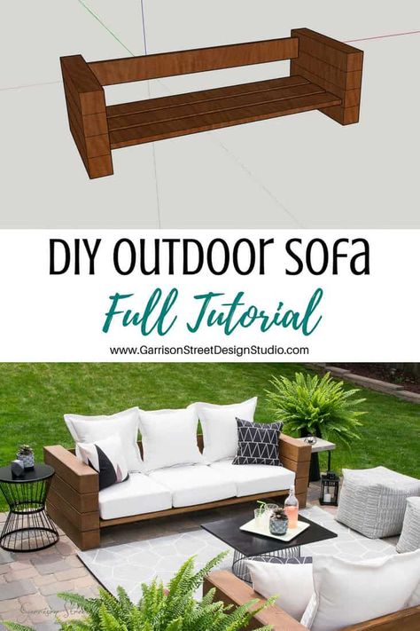 DIY Outdoor Sofa Full Tutorial| ©GarrisonStreetDesignStudio | Outdoor Furniture | DIY | Wood | Rustic | Modern | Easy | Ideas | Cushions | Cheap | Comfortable | On a Budget | Lounge | Restoration Hardware Aspen Collection | Knockoff | Patio | Porch | Deck | Couch |Sofa | Build | Stain | Seating | Timbers | Lumber | Chunky | Backyard | Yard | Luxury | Affordable | Comfy | Railroad Ties |Tutorial | Bench | Patio Furniture | Summer | Outdoor Living | Outdoor Oasis | Outdoor Spaces | DIY Patio Sofa Outdoor Sofa Diy, Diy Bank, Cheap Patio Furniture, Rustic Patio, Cheap Patio, Diy Outdoor Furniture Plans, Budget Patio, Patio Furniture Cushions, Quotes Tattoos