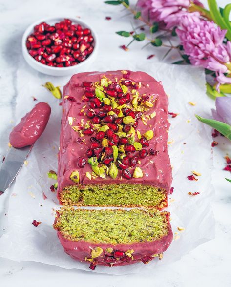 Pistachio Cardamom Rose Loaf, Pistachio Pomegranate Cake, Baking With Pomegranate Seeds, Healthy Vegan Gluten Free Desserts, Vegan And Gluten Free Recipes Desserts, Bake Free Desserts, Food Blog Post Ideas, Vegan Gf Cake, Beautiful Baked Goods