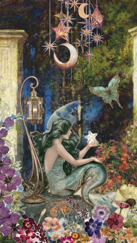 Mermaid Art Nouveau, Mermaid Collage, Mixed Media Photography, Beautiful Mermaids, Mermaid Art, Green Wallpaper, Mixed Media Art, Starfish, Art Nouveau