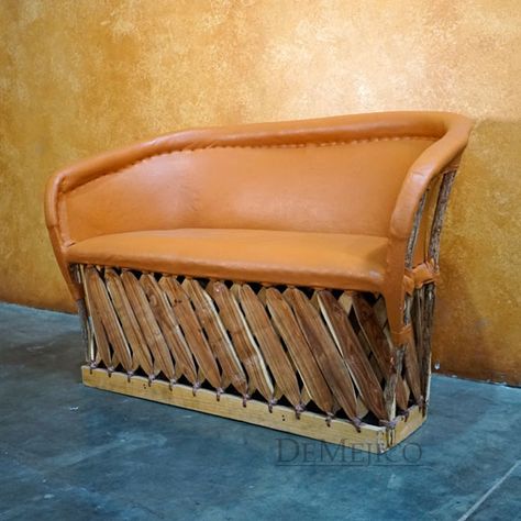 Equipal Bench, Spanish Style Seating, Mexican Lounge Chair - Demejico Spanish Style Furniture, Spanish House, Leather Hide, Spanish Style, Stitching Leather, Lounge Chair, Pine Wood, Indoor Outdoor, Bench