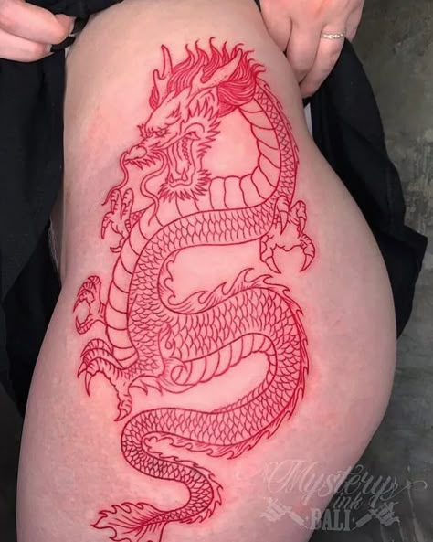 Dragon Tattoo Hip, Dragon Thigh Tattoo, Dragon Tattoo Meaning, Background Tattoo, Red Dragon Tattoo, Bookish Tattoos, Dragon Tattoo For Women, Red Ink Tattoos, Red Tattoos