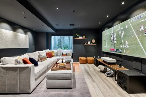 Game Room And Theatre Room, Home Theater Gaming Room, Bonus Room Theater, Large Sectional Sofa Basement, Home Theater Basement Media Rooms, Playroom Theater Room, Minimalist Theatre Room, Basement Ideas Theater, Game Room Family Modern