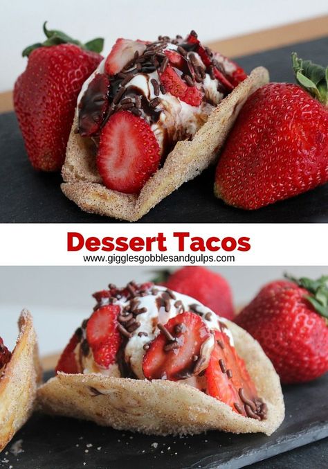 Sweet Tacos, Dessert Tacos, Dessert Taco, Strawberries Chocolate, Dessert Oreo, Fried Tortillas, Mexican Dessert, Chocolate Sprinkles, Chocolate Syrup