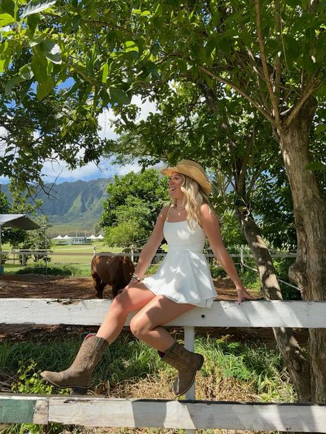 Dress And Cowgirl Boots Outfits, Rodeo Outfits Dress, Morgan Moroney, Flowy Dress With Boots, White Dress Cowboy Boots, Summer Rodeo Outfits, Country Aesthetic Outfit, Summer Rodeo, Country Western Dresses