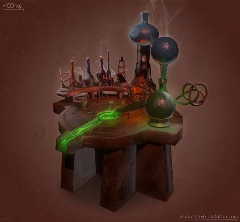 ArtStation - Skyrim Alchemy Table fanart, Denis Matei Skyrim Alchemy, Alchemy Room, Alchemy Table, Gaming Items, Art Love Couple, Fantasy Items, Magic Table, Elder Scrolls Art, Hobbit Hole