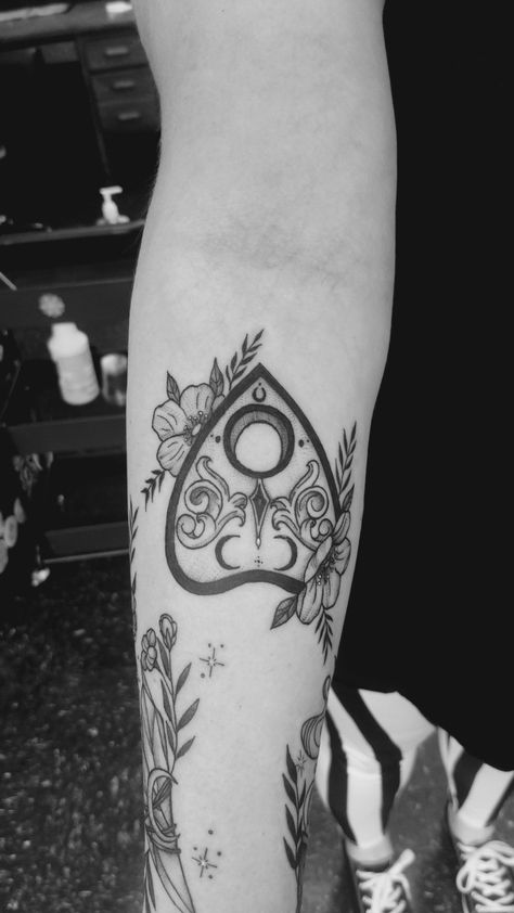 Small Planchette Tattoo, Ouija Planchette Tattoo, Planchette Tattoo Design, Planchette Tattoo, Ouija Tattoo, Sydney Tattoo, Spooky Tattoos, Forearm Tattoo, Tattoo Inspo