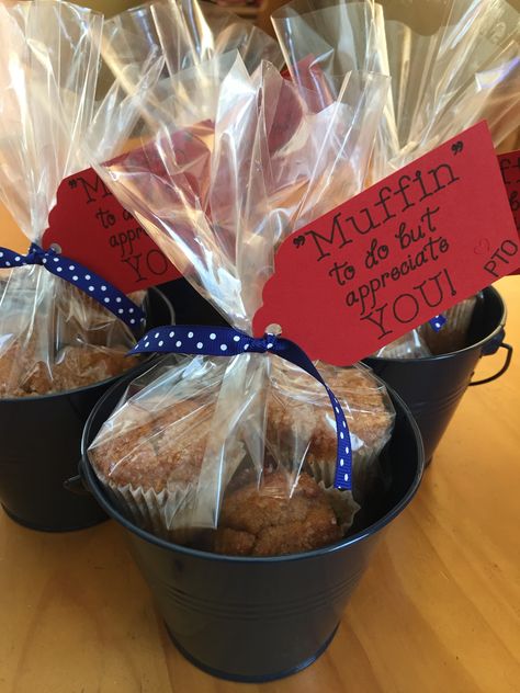 Teacher Appreciation muffin buckets Food Teacher Appreciation Gifts, Marketing Goodies, Teacher Recognition, Employee Appreciation Quotes, Referral Gifts, Parent Appreciation, Harvest Ideas, Teacher Appreciation Quotes, Teachers Week