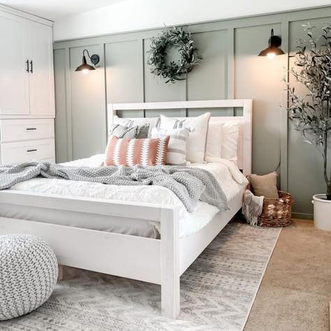 Evergreen Fog, Sage Green Paint Color, Sage Green Paint, Bedroom Wall Colors, Green Paint Colors, Sherwin Williams Paint Colors, White Bed, Bedroom Accent, Bedroom Idea