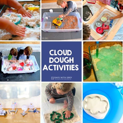 Dough Sensory Play, Preschool Age Activities, Cloud Dough Recipes, Cloud Activities, Sensory Bin Ideas, Cloud Craft, Play Activity, Baby Sensory Play, Cloud Dough