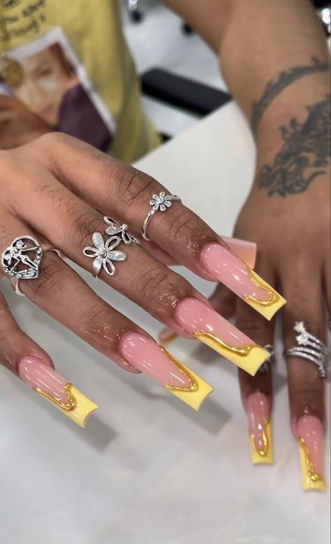 Yellow Long Nails Design, Yellow Croc Nails, Yellow French Tip Acrylic Nails, Yellow And Brown Nails, Yellow Long Nails, Yellow Nails Acrylic, Yellow Acrylic Nails, Tapered Square Nails, Pink Ombre Nails