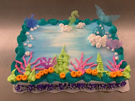 Mermaid Sheet Cake Ideas Under The Sea, Beach Birthday Sheet Cake, Ocean Sheet Cake Ideas, Ariel Sheet Cake, Ocean Sheet Cake, Moana Sheet Cake, Little Mermaid Sheet Cake, Under The Sea Sheet Cake, Mermaid Sheet Cake Ideas