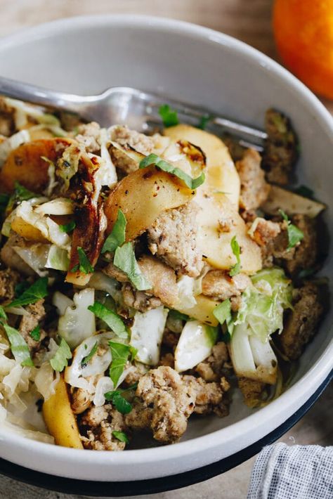 An Egg-Free Paleo Breakfast Bowl that's full of flavor and spice - sausage, apples and brussel sprouts topped with probiotic-rich sauerkraut. #paleobreakfast #glutenfree #daniellewalker #eggfreerecipe Egg Free Paleo Breakfast, Egg Free Breakfast, Against All Grain, Sage Sausage, Healthy Probiotics, Paleo Pumpkin, Egg Free Recipes, Breakfast Bowl, Paleo Breakfast