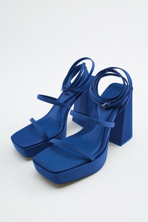 Blue Platform Shoes, Strappy Platform Heels, Trending Heels, Heels Aesthetic, Shoe Inspo, Blue Heels, Platform Heels Chunky, Platform Sandals Heels, Blue Sneakers