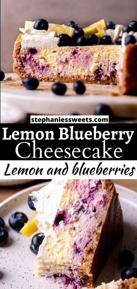 This lemon blueberry cheesecake is perfect for the spring. It is a lemon baked cheesecake with frozen wild blueberries. Blueberry Lemon Cheesecake, Lemon Whipped Cream, Easter Cheesecake, Blueberry Desserts Recipes, Blueberry Cheesecake Recipe, Lemon Blueberry Cheesecake, Baked Cheesecake, Easter Desserts Recipes, Blueberry Desserts