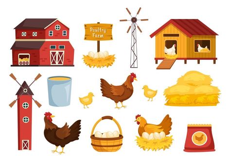 Poultry Farming with Farmer, Cage, Chicken and Egg Farm on Green Field Background View in Hand Drawn Cute Cartoon Template Illustration Egg Farm, Easy Scenery Drawing, Farm Cartoon, Cartoon Template, Farm Vector, Field Background, Chicken Barn, Poultry Farming, Farm Games