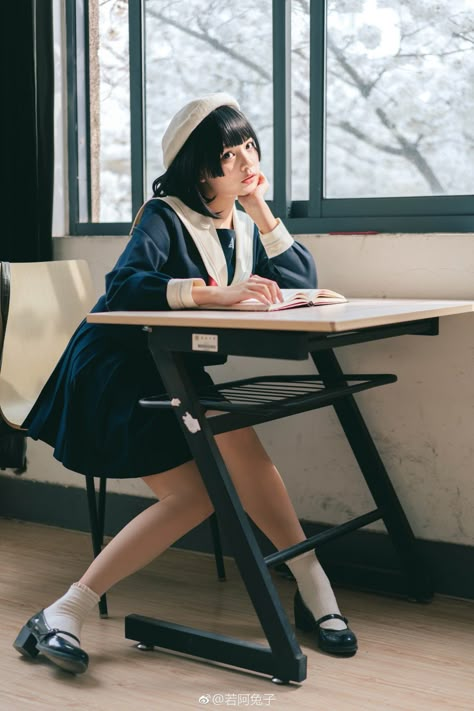 Student Reference Pose, Someone Sitting At A Desk Reference, Sitting At Desk Pose, Leaning Over Desk Pose Reference, Leaning On Desk Pose, Character Looking Up Reference, Studying Pose Reference, School Pose Reference, Sitting On Counter Pose