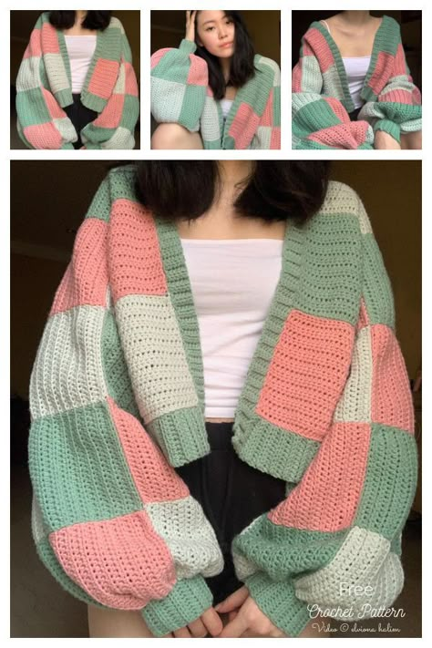 Patchwork Cardigan Free Crochet Pattern Video Tutorial Patchwork Cardigan Color Ideas, Cute Cardigans Crochet, Crochet Pattern For Sweater, Crochet Square Sweater Pattern, Knitting Inspiration Sweaters & Cardigans, Patchwork Crochet Sweater Layout, How To Crochet Cardigan, Cute Crochet Sweater Patterns, Patch Crochet Cardigan