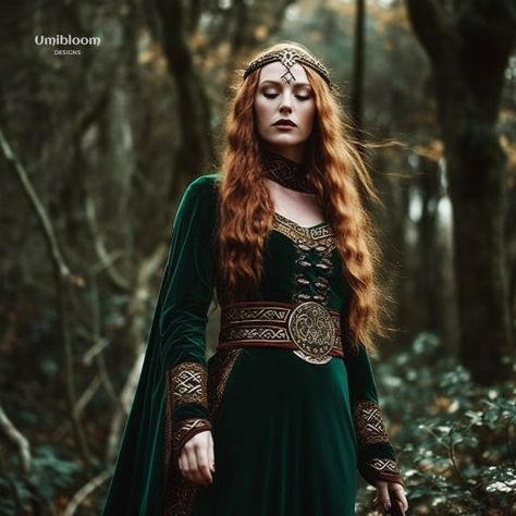 Dress design made for inspiration with ai #elvendress #fairydress #forestcore #forestwedding #celtic #viking #medieval Medieval Maiden Dress, Viking Woman Dress, Norse Dress Woman, Viking Princess Dress, Medieval Queen Costume, Celtic Outfit Medieval, Ancient Dress Goddesses, Druid Wedding Dress, Celtic Dress Medieval