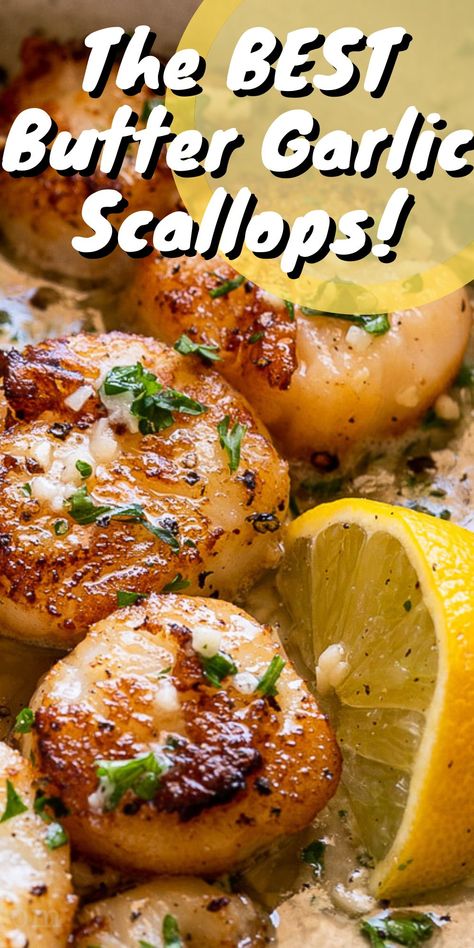 These simple Garlic Butter Scallops are pan-seared and seasoned to perfection. Serve by themselves or over freshly cooked pasta for an elegant, yet quick meal. Butter Scallops Recipe, Garlic Butter Scallops Recipe, Garlic Butter Scallops, Simple Garlic Butter, Garlic Scallops, Shrimp And Scallop Recipes, Easy Scallop Recipes, Sauteed Scallops, Butter Scallops