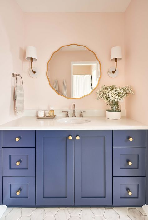 Powder Room Colors, Navy Blue Vanity, Navy Vanity, Blush Bathroom, Navy Bathroom Decor, Secondary Bathroom, Bathroom Coastal, Peach Bathroom, Navy Blue Bathrooms