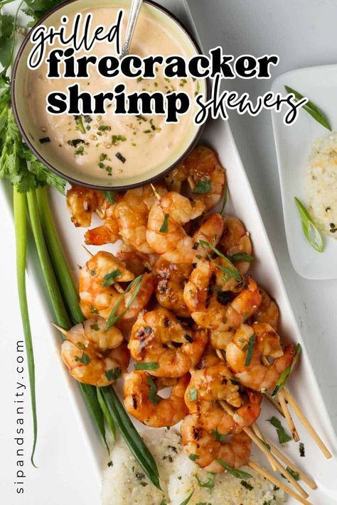 Spice up your dinner with these mouthwatering Sweet and Spicy Grilled Firecracker Shrimp Skewers! Perfect for a flavorful main course or impressive appetizer. Spicy Shrimp Skewers Grill, Shrimp Skewer Appetizer, Grilled Shrimp Appetizers, Shrimp Skewers Grill, Bbq Shrimp Skewers, Spicy Grilled Shrimp, Firecracker Shrimp, Sweet And Spicy Shrimp, 4th July Food