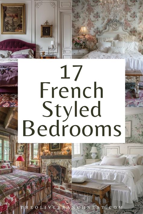 Discover the elegance of French bedrooms, where romantic aesthetics meet modern comforts. Our selection of ideas combines vintage decor with Parisian elegance, creating spaces that feel both timelessly beautiful and comfortably luxurious. Cozy French Country Bedroom, Vintage Paris Bedroom Aesthetic, French Country Decorating Bedroom Master Suite, Dreamy Guest Bedroom, French Provential Bedroom Decor, Parisian Bedroom Design, French Hotel Bedroom, Country French Farmhouse Decor, Vintage Chic Bedroom Ideas