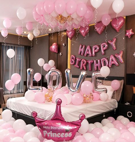 82 Piece Deluxe Pink Love Birthday Set Birthday Decorations package includes the following items: Pink color foil happy birthday banner(1) 18inch pink color heart （5） 32inch silver foil love（1） 10inch pink pentagons（1） 5inch pentagons silver（3） Gold sequins  balloons 12ich（10） Pearl balloons white and pink（60） Big size princess foil balloon（1） Inflator(1 )  Balloons ribbon(1 ) Glue pointed(1) Condo Birthday Decorations, Heart Birthday Decorations, Birthday Decorations In Room, Pink White Birthday Decor, Pink And White Birthday Decorations, Pink Birthday Ideas Decor, Birthday Room Set Up, Happy Birthday Bedroom Decoration, Bed Birthday Decorations