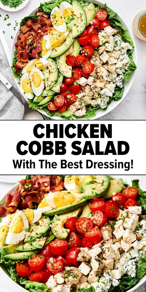 Chicken cobb salad recipe. Chopped Cobb Salad, Chicken Bacon Avocado, Cobb Salad Dressing, Creamy Balsamic Vinaigrette, Chicken Cobb Salad, Classic Cobb Salad, Cobb Salad Recipe, Fresh Meal, Restaurant Copycat Recipes