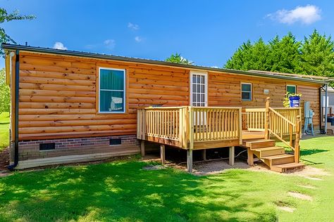 18 Stunning Mobile Home Log Cabin Ideas Mobile Home Siding Ideas, Log Cabin Modular Homes, Log Cabin Makeover, Log Cabin Mobile Homes, Mobile Home Siding, Single Wide Mobile Home, Modern Siding, Mobile Home Exteriors, Mobile Home Makeovers