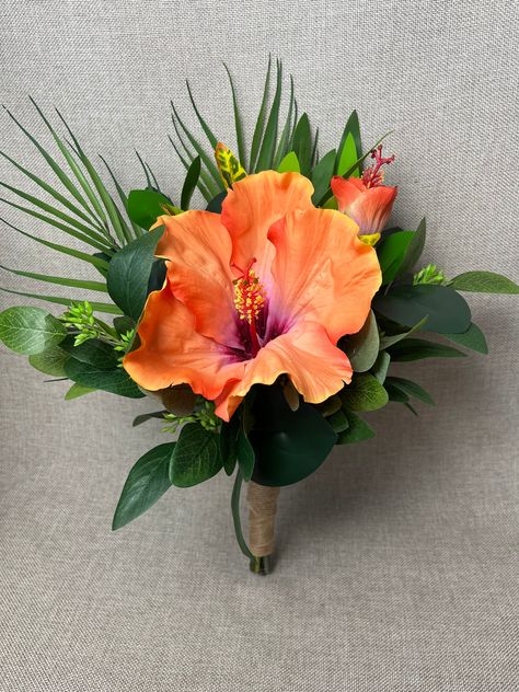 "Material: Silk and Real Touch. Hibiscus Dimension: 6.5\"W x 5\"H. Small Bridal Dimensions: 13\"W x 15.5\"H. Bridesmaid Dimensions: 11\"W x 14\"H (Smaller One). Color: Orange, Yellow, Greenery. Item Package Quantity: 1. Specific Uses For Product: Wedding Destination, Ideal for travel. Package Information: Box. Small bridesmaid bouquet in artificial large hibiscus in orange and matching bridal bouquet, the hibiscuses are large in size, the measurement of the open large hibiscus is 6.5 wide x 5 hi Hawaiian Bridesmaid Bouquet, Small Tropical Bridesmaid Bouquet, Hibiscus Bridal Bouquet, Beach Wedding Flowers Tropical Bridal Bouquets, Beachy Floral Arrangements, Hibiscus Wedding Bouquet, Hawaiian Bridal Bouquet, Hawaiian Flower Bouquet, Tropical Bridesmaid Bouquet