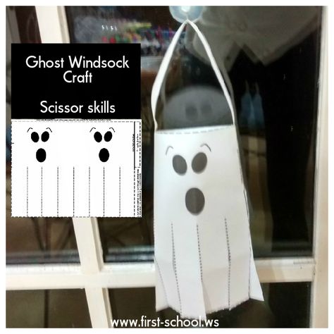 Need an easy craft for scissor skills?  Here it is, a Ghost Mini Windsock!  Happy Halloween! Ghost Windsock Craft, Halloween Scissor Practice Free, Ghost Activity Preschool, Halloween Windsock Craft For Kids, Letter G Halloween Crafts, Fall Windsock Craft For Kids, No Prep Halloween Crafts, Ghost Theme Preschool, Ghost Activities For Kids