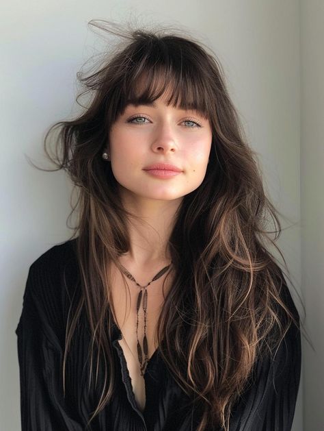 Haircuts with Fringe: Explore Stunning Fringe Hairstyles Long Hair Full Fringe, Fringe With Long Hair, Haircuts With Fringe, Haircut Fringe, Choppy Fringe, Block Fringe, Long Fringe Hairstyles, Light Fringe, Curly Fringe