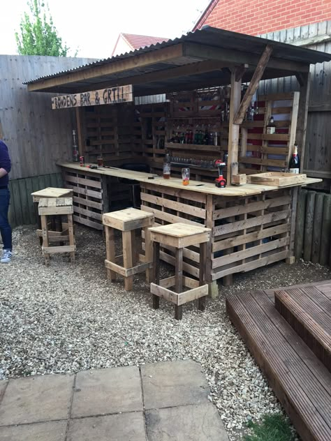 #Bar, #Easy, #Outdoor, #RecyclingWoodPallets, #Stool, #TikiBar So, my step-son and daughter-in-law to be decided they needed an outside bar to complement their decking in their party garden. Yours truly decided that it would make an excellent wedding present. Costing it initially in sawn treated timber proved Bar Con Pallet, Bar Pallet, Pallet Bar Diy, Diy Outdoor Bar, Bar Exterior, Outside Bars, Pallet Bar, Backyard Bar, Easy Wood