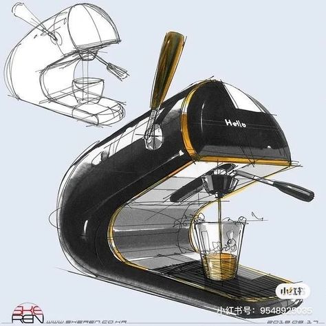 转发 // Objects Drawing, Marker Rendering, Coffee Machine Design, Speed Form, Pen Art Work, Architecture Design Sketch, Object Drawing, Industrial Design Sketch, Conceptual Design