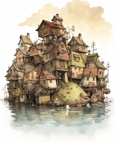 Goblin House, Gnomes Illustration, Goblin Town, Fey Wild, Goblin Village, Watercolour Buildings, Weird Town, Town Drawing, Gnome Village