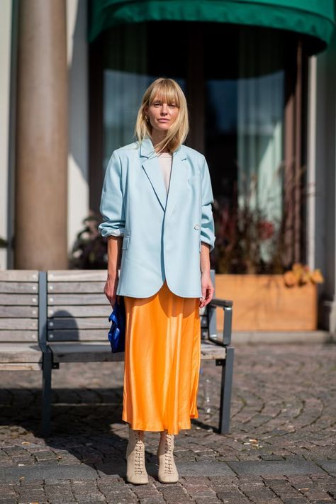 Clothing, Street fashion, Photograph, Blue, Turquoise, Orange, Fashion, Snapshot, Yellow, Blazer, Summer Business Outfits, Summer Job, Xavier Rudd, Korean Fashion Winter, Fashion Office, Steven Gerrard, Summer Work Outfits, Slip Skirt, Winter Outfits For Work