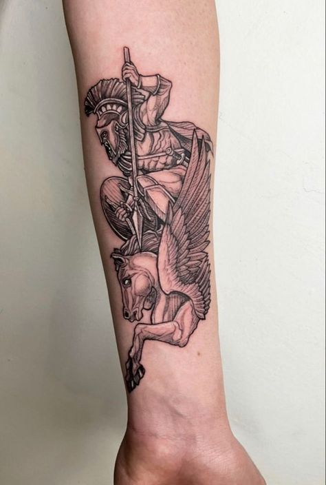 Greek Linework Tattoo, Pegasus Tattoo Design Greek Mythology, Greek Calf Tattoo, Pegasus Tattoo Men, Pegasus Tattoo Mythology, Greek God Tattoos For Men, Greek Mythology Tattoos Men, Pegasus Tattoo Design, Greece Mythology Tattoo