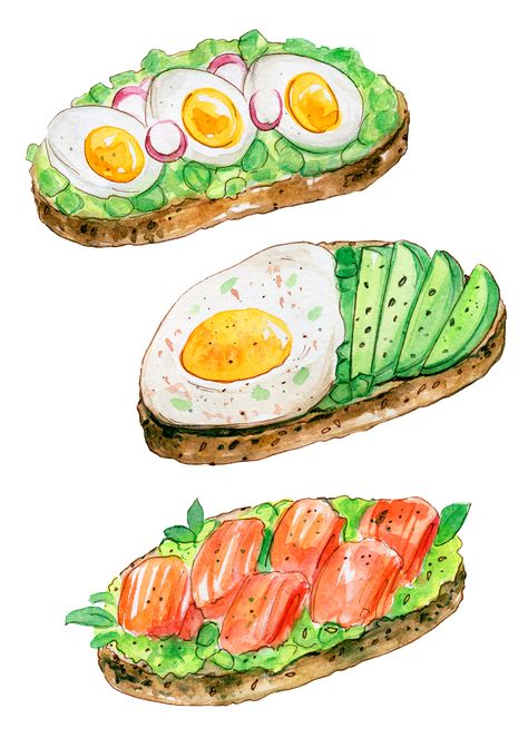 Breakfast Food Art Drawing, Egg Toast Drawing, Picnic Food Drawing, Egg Sandwich Drawing, Drawing Food Ideas, Avocado Toast Drawing, Egg Food Art, Art Food Drawing, Food Sketch Illustration