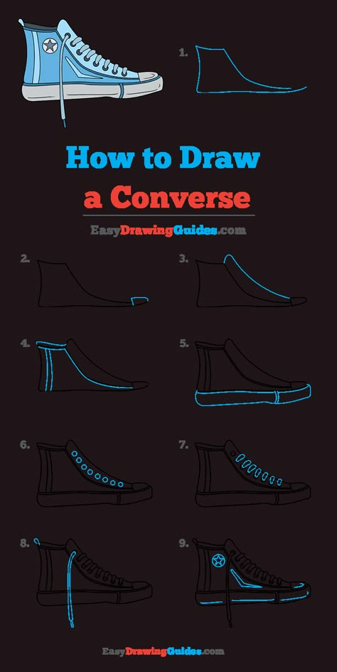 How to Draw Converse Shoes Drawing Converse, How To Draw A Converse, Step By Step Shoe Drawing, Drawing Converse Shoes, How To Draw Converse Shoes, How To Draw Tennis Shoes, How To Draw Sneakers Step By Step, Converse Inspo Drawing, How To Draw Shoes Sneakers