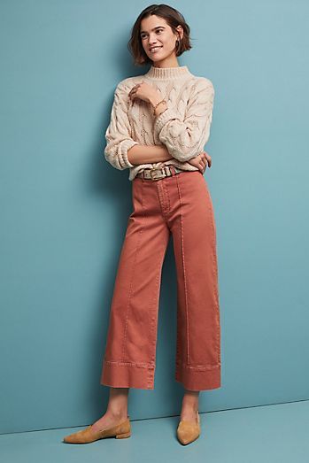 Orange Chinos Outfit Women, Terracotta Pants Outfit, Peach Linen Pants Outfit, Coral Pants Outfit Work, Coral Pants Outfit, Gaucho Pants Outfit, Chinos Women Outfit, Upcycled Pants, Peach Terracotta